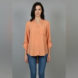 Mossimo High-Low Chiffon Blouse Peach/Coral V-Neck Polyester Shirt Size XS